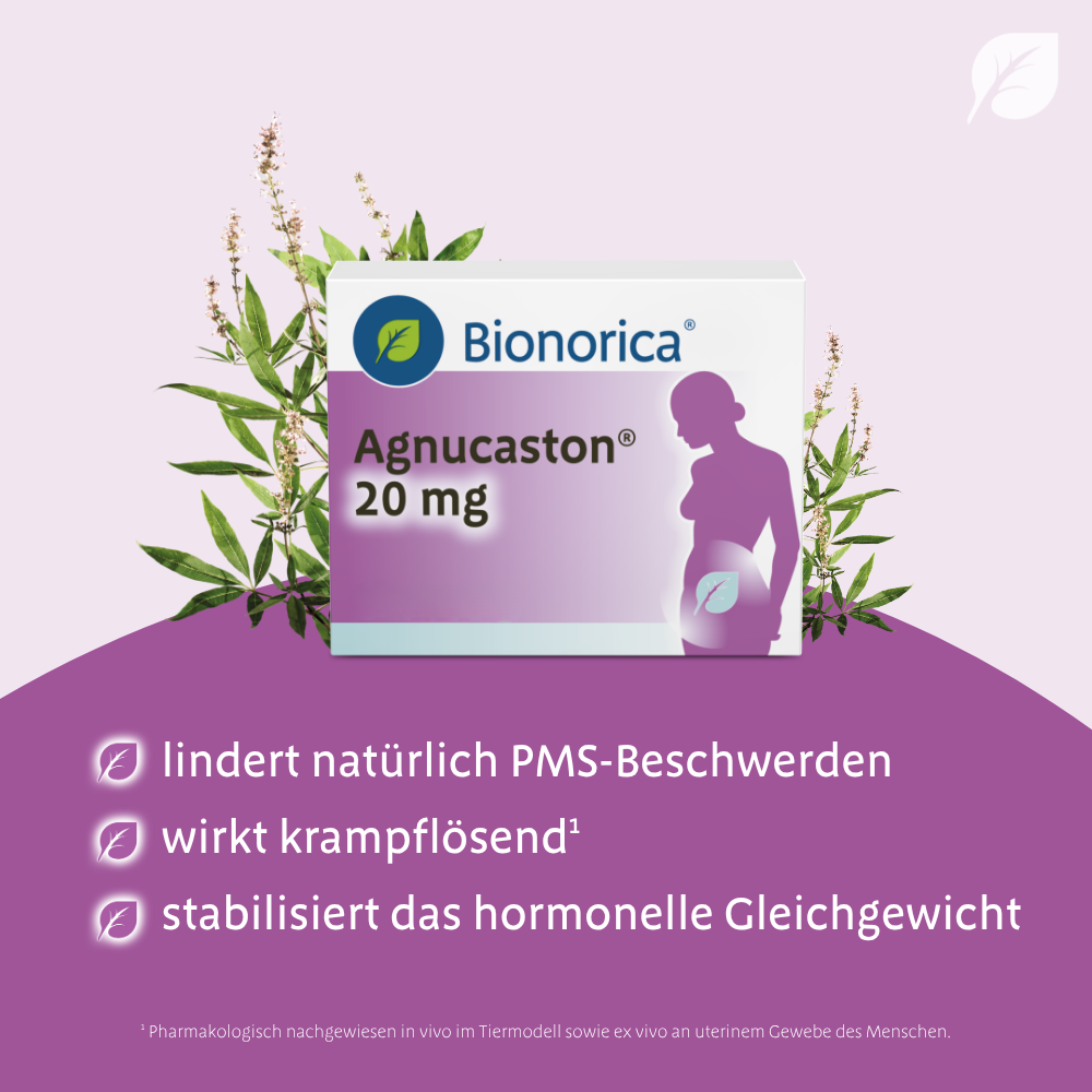 Agnucaston® 20 mg lindert natürlich PMS-Beschwerden, wirkt krampflösend1, und stabilisiert das hormonelle Gleichgewicht