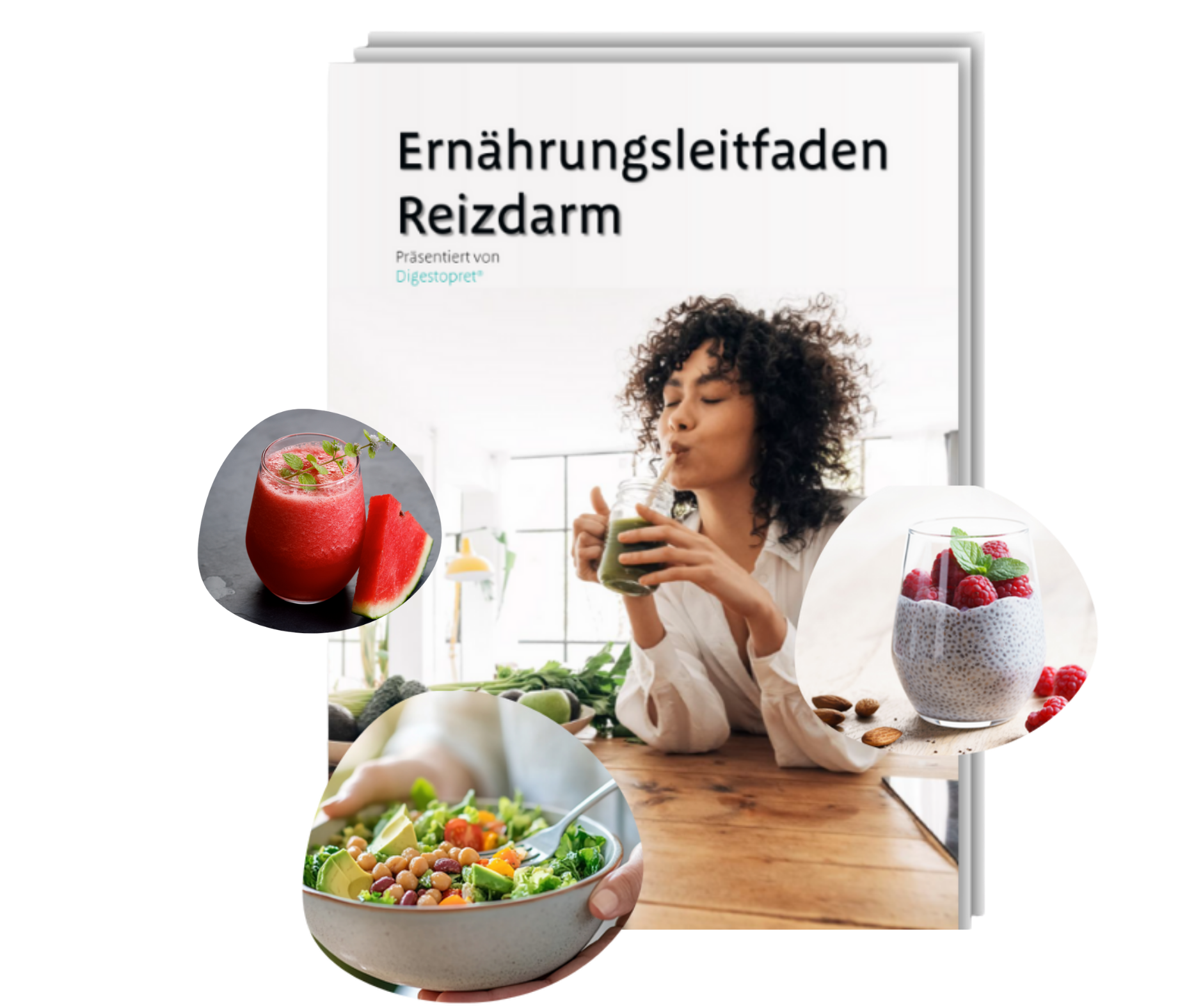Ernährungsleitfaden PDF Vorschaubild Frau trinkt einen grünen Smoothie