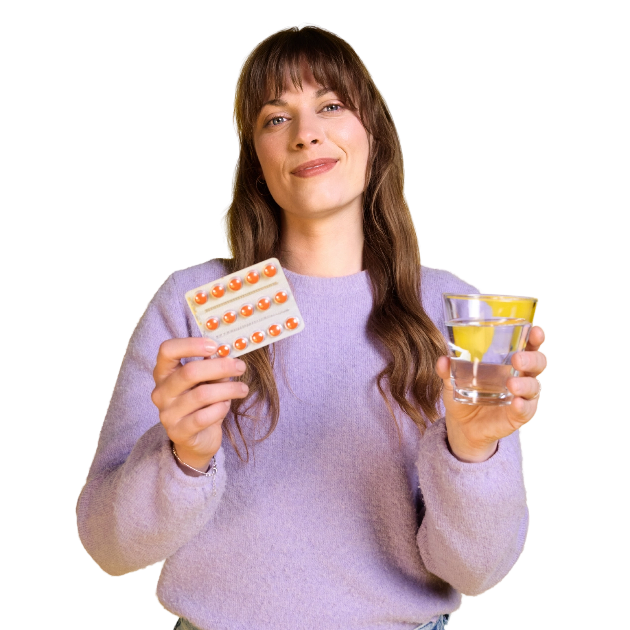 Frau hält Tabletten und ein Glas Wasser in den Händen