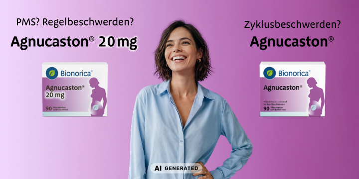 Headerbild für Agnucaston® 20 mg oder 4 mg kaufen. Das Bild zeigt beide Packungen und die Indikation sowie eine zufrieden lachende Kundin in der Mitte.