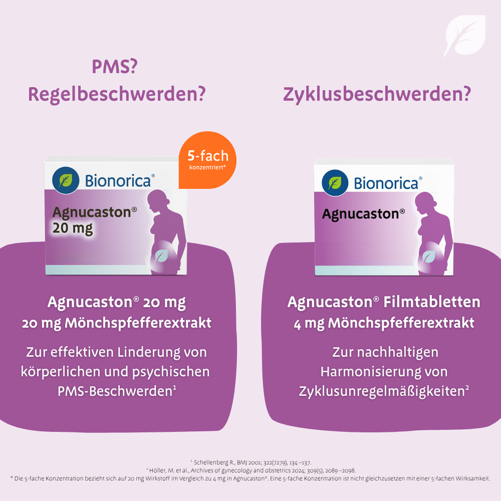 Bild vergleicht Agnucaston® 20 mg bei PMS Beschwerden mit Agnucaston® 4 mg zur nachhaltigen Harmonisierung von Zyklusunregelmäßigkeiten