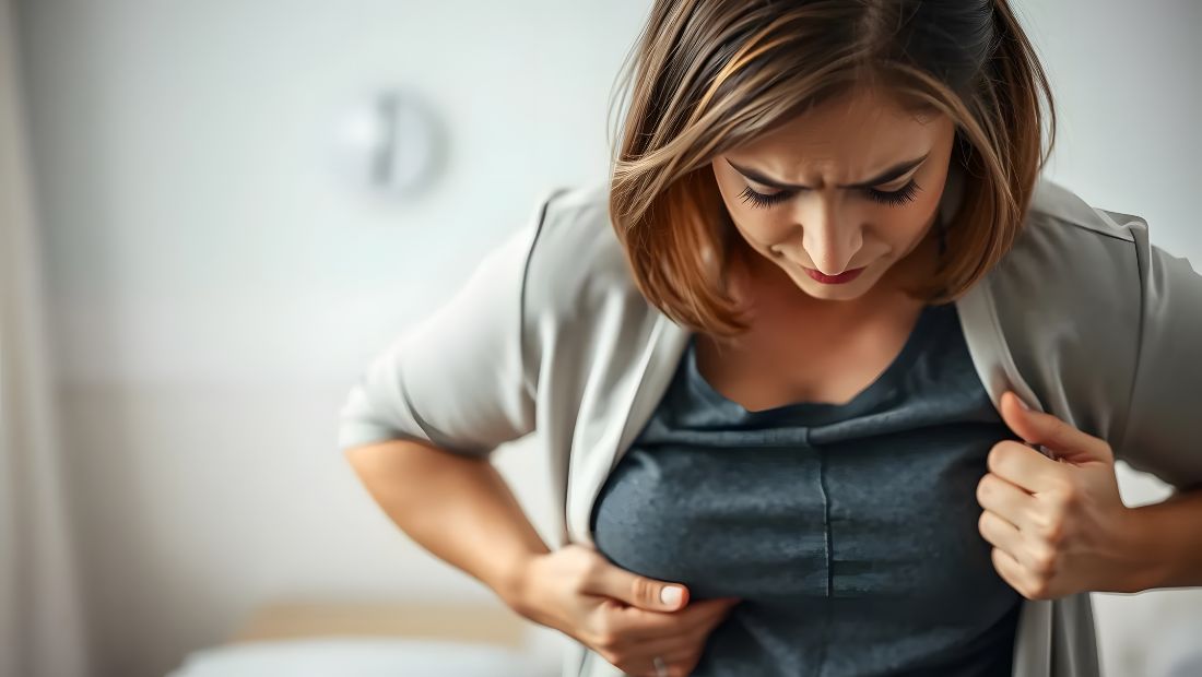 Žena držící se za oblast prsou při bolesti spojené s PMS – bolest prsou před menstruací.