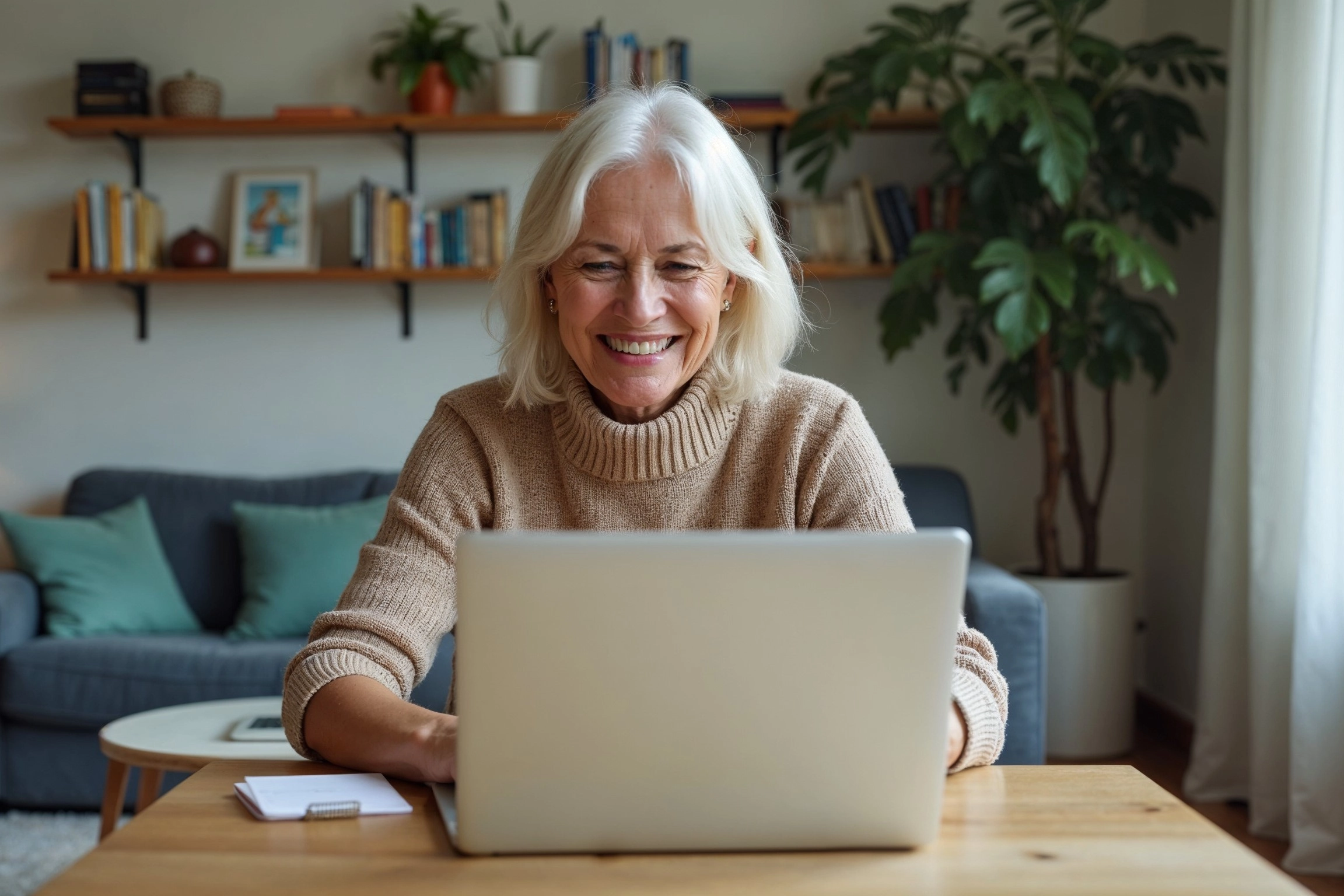 Ältere Frau sitzt vorm Computer