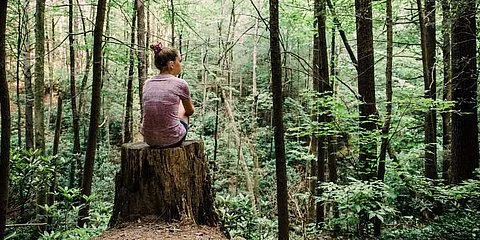 Frau sitzt allein im Wald – Symbolbild für Rückzug und depressive Symptomatik bei PMS.