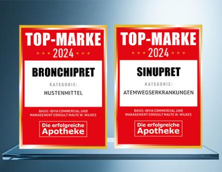 Die Produkte Sinupret® und Bronchipret® erhalten von der Fachzeitschrift Die erfolgreiche Apotheke den begehrten Titel Top Marke 2024 in den Kategorien Atemwegserkrankungen und Hustenmittel.