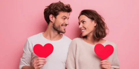 Zwei Personen mit roten Papierherzen vor rosa Hintergrund – Symbolbild für hormonfreie Verhütung.