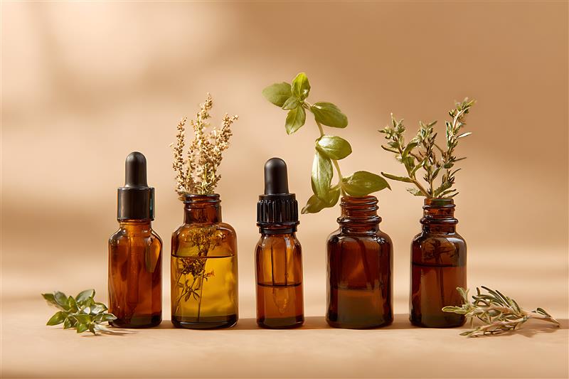 Lahvičky bylinných extraktů a čerstvé rostliny – bylinky na zmírnění příznaků PMS.