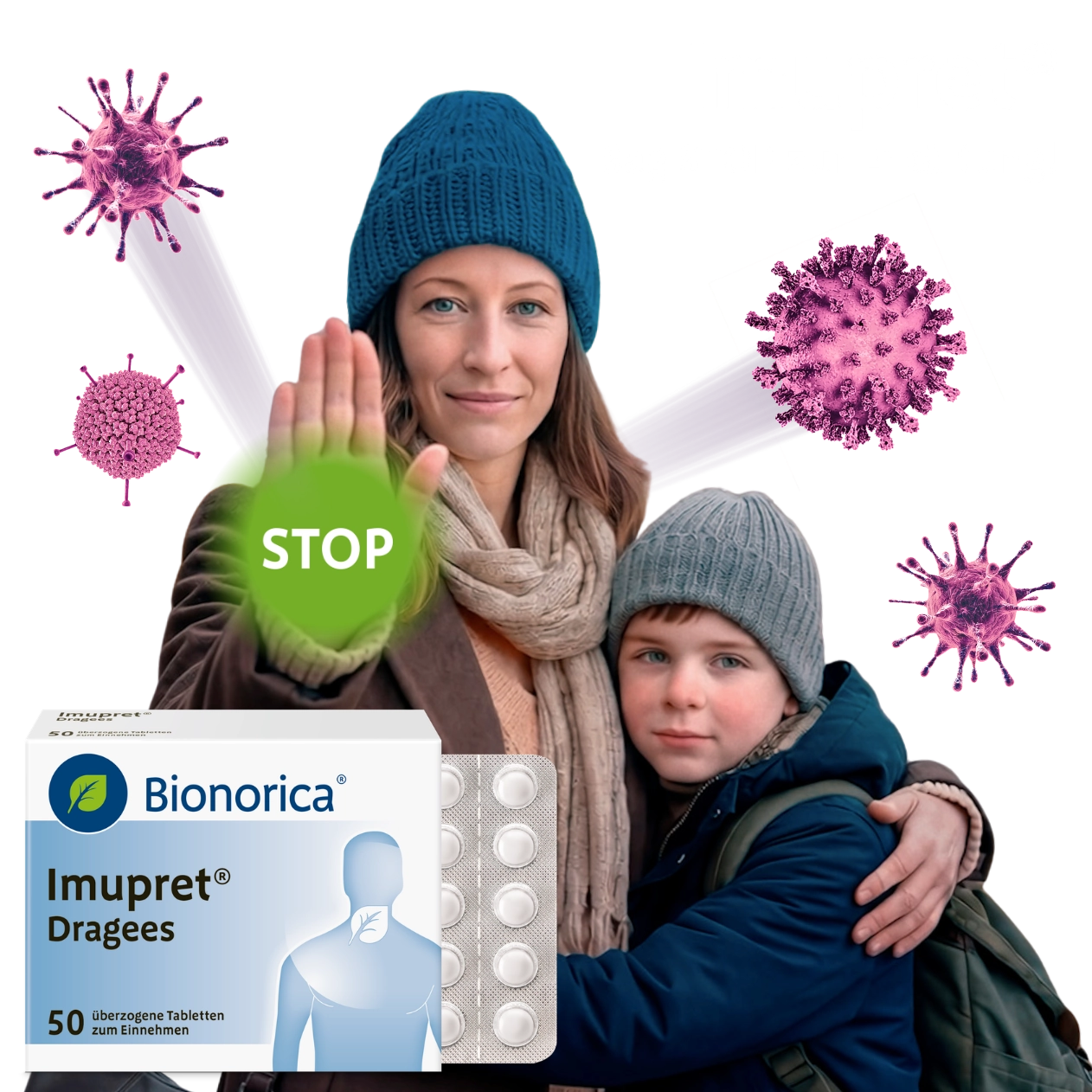 Frau zeigt STOP mit Imupret daneben