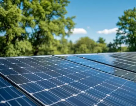 Eine saubere, moderne Solaranlage auf dem Dach. Im Hintergrund grüne Bäume und blauer Himmel