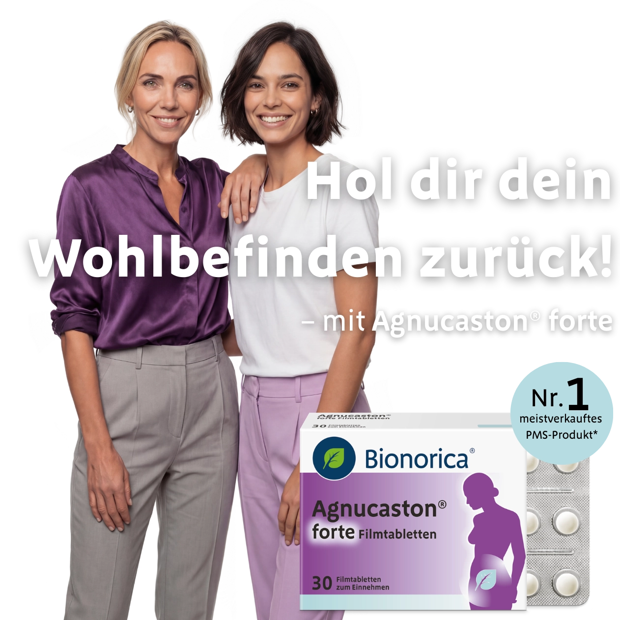 Zwei Frauen mit Agnucaston Packung und Claim