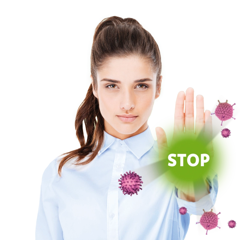 Dame mit Stop Hand welche Viren abwehrt