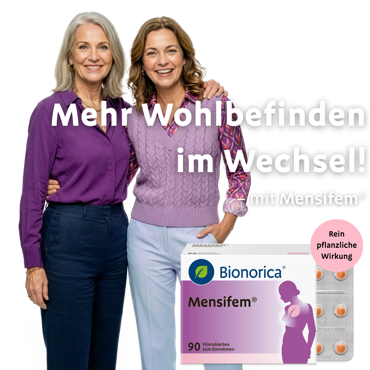 Zwei Frauen mit Mensifem Packung und Claim