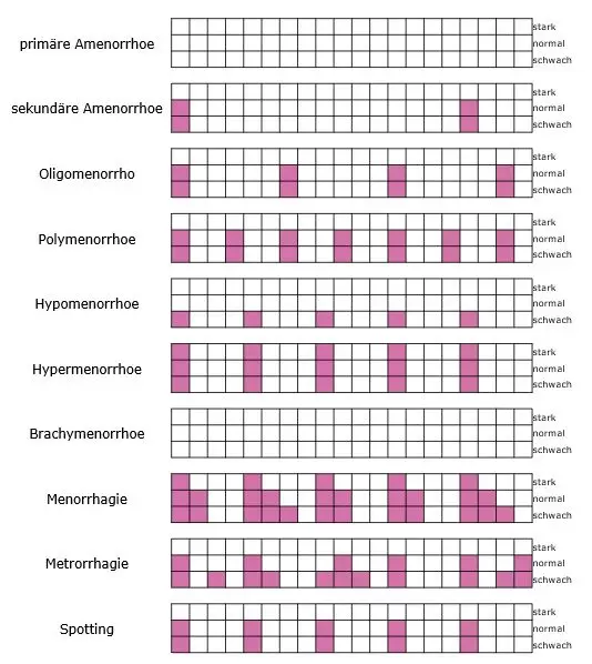 Übersicht der Ausnahmen: primäre Amenorrhoe Ausbleiben der Menarche trotz Vollendung des 16. Lebensjahres sekundäre Amenorrhoe Ausbleiben der Menstruation für über drei Monate Oligomenorrhoe zu seltene Regelblutung, die Blutungen finden dabei in Abständen von 6-12 Wochen statt Polymenorrhoe zu häufig auftretende Regelblutung, d.h. Abstände von weniger als 25 Tagen  Hypomenorrhoe abgeschwächte Regelblutung, d.h. weniger als 25 ml Blutverlust während der Periode Hypermenorrhoe verstärkte Regelblutung, d.h. mehr als 80 ml Blutverlust während der Periode Brachymenorrhoe verkürzte Regelblutung, d.h. die Periode ist kürzer als 3 Tage Menorrhagie verlängerte Regelblutung, d.h. die Periode ist länger als 7 Tage Metrorrhagie azyklische Blutungen oder Dauerblutungen außerhalb der Menstruationsphase Spotting Schmierblutungen, kurz vor  Eintritt der Menstruation