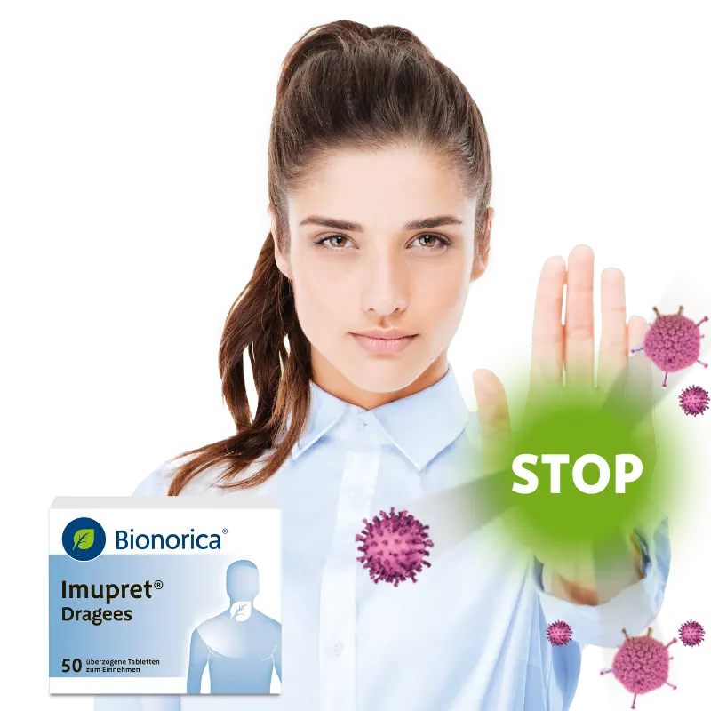 Frau zeigt STOP mit Imupret daneben